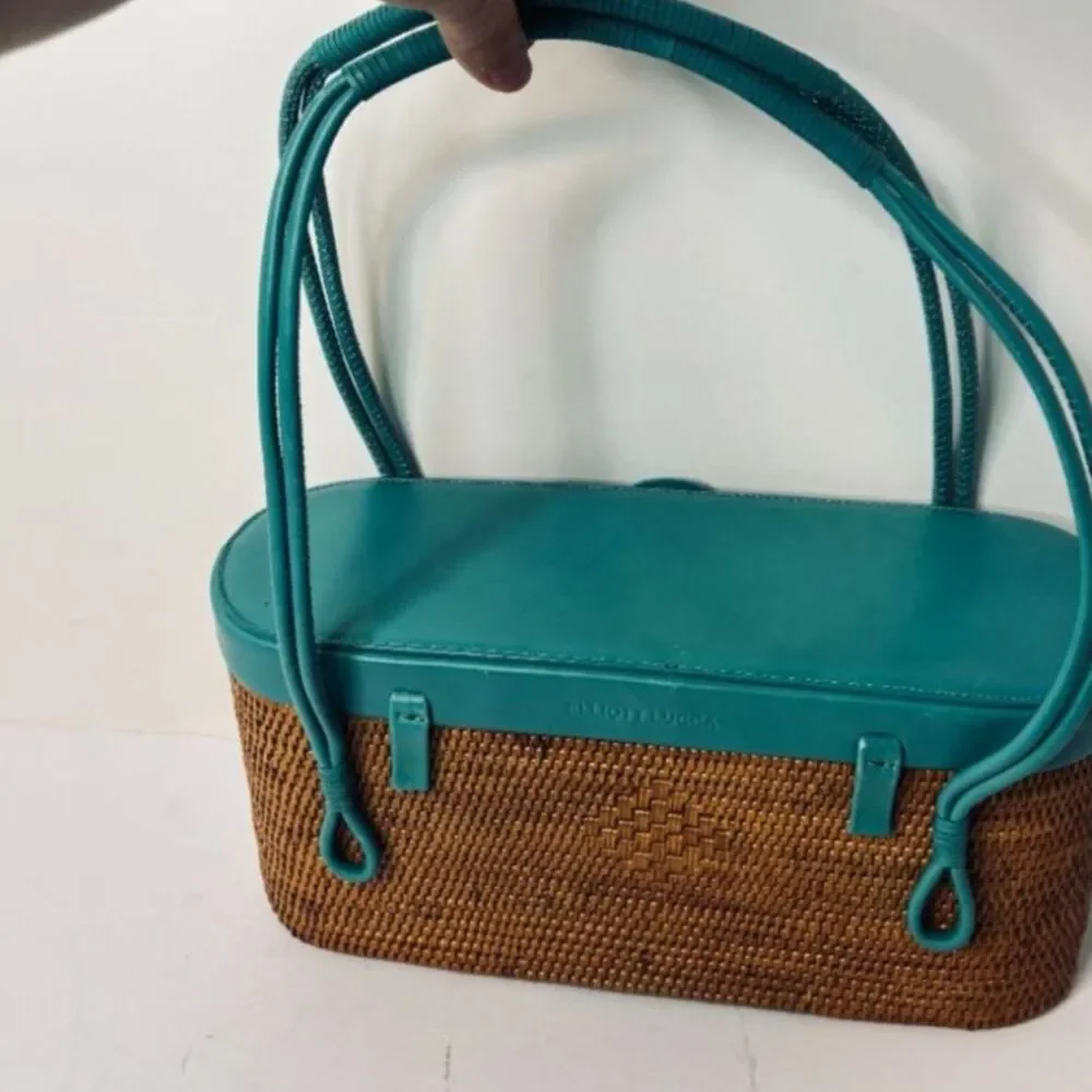 Elliot Lucca Woven Rattan Teal Leather Shoulder Bag Crossbody Handbag